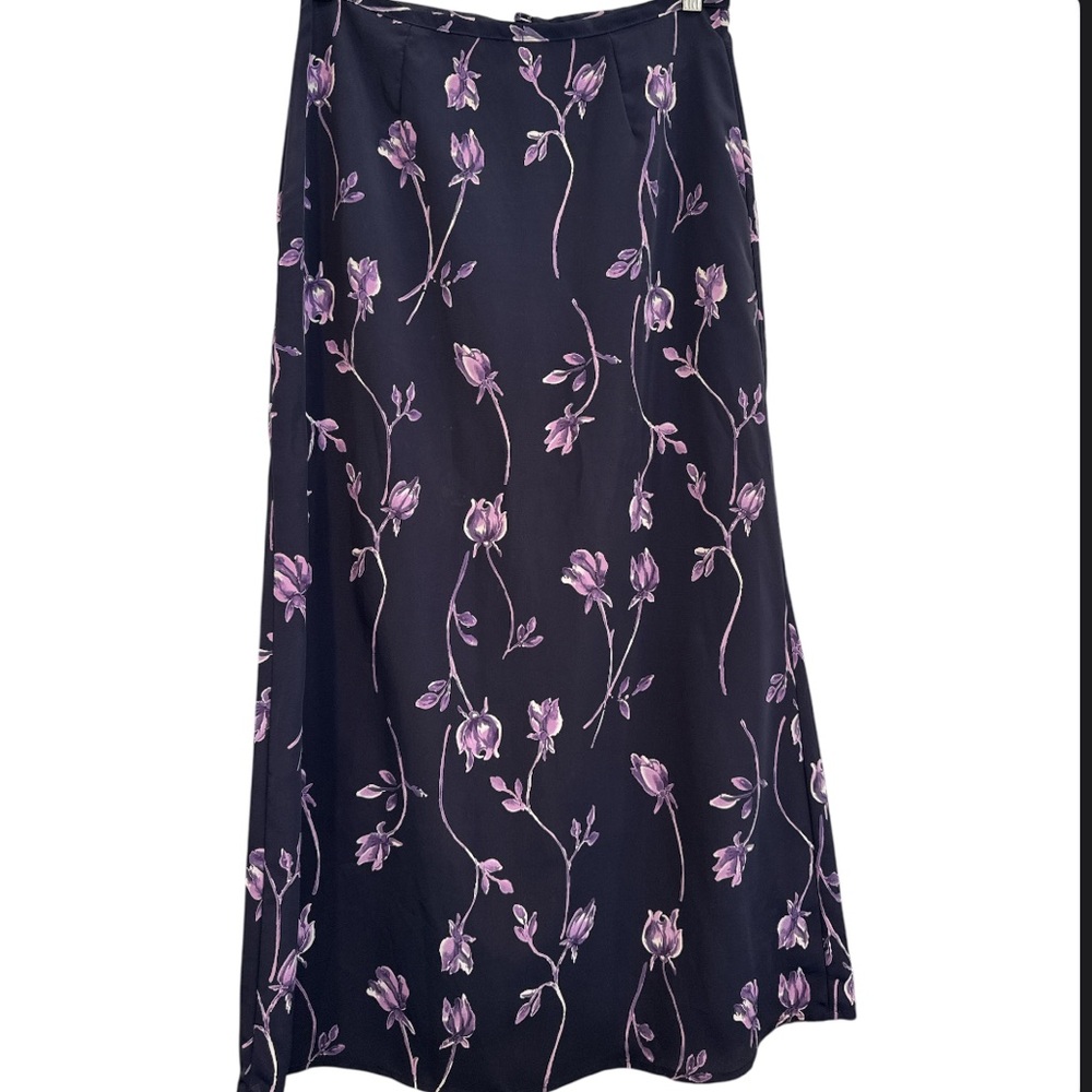Vintage Maren A-Line Navy & Purple Floral Flowy Maxi Skirt Size 10